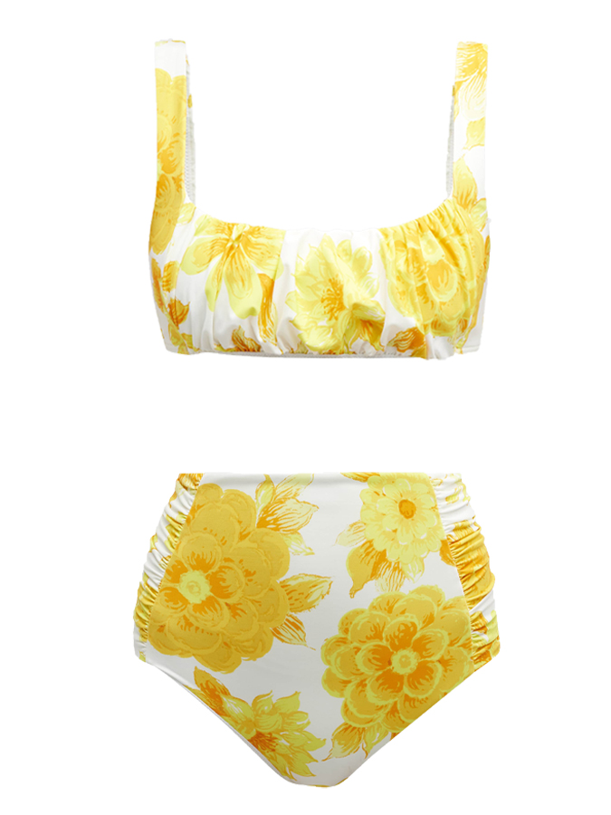 Deep V Ruffled Floral Print Swimsuit and Cover-up