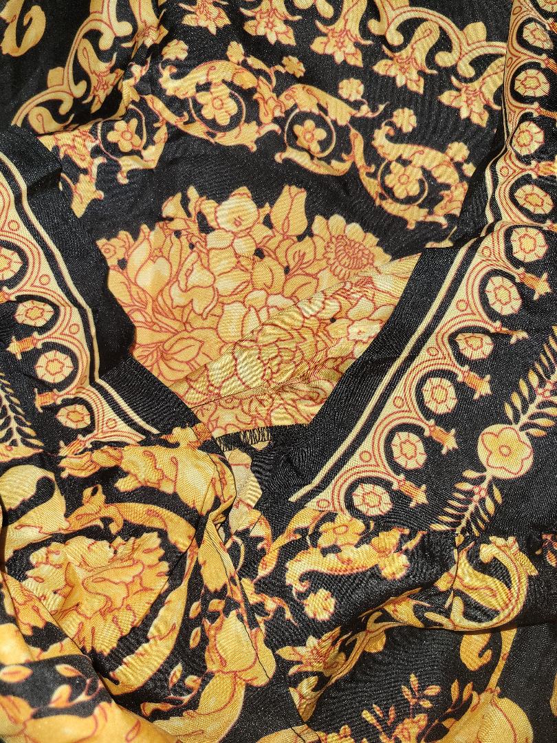 Women Retro Dresses Bohemian Floral Print Gold Color Deep V Neck Maxi Dress
