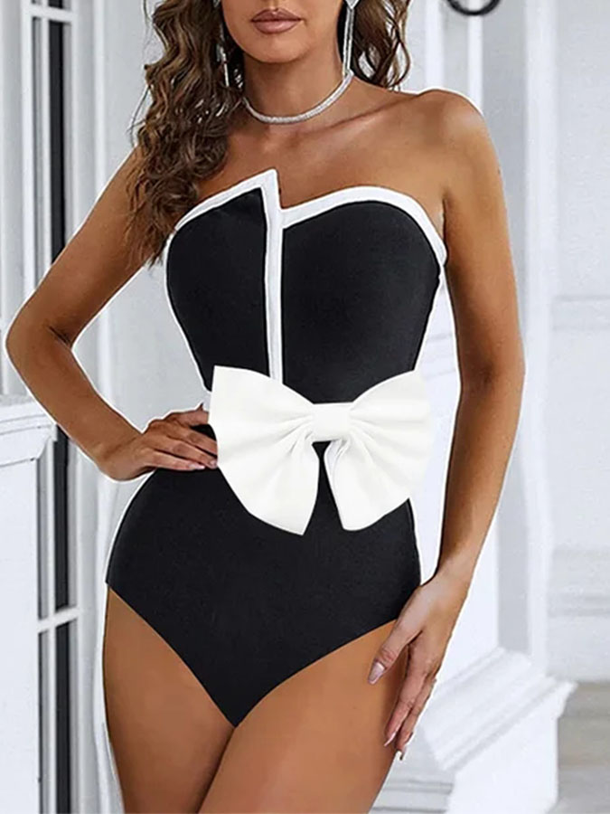 Off Shoulder Bow Tie One Piece Swimsuit and Skirt
