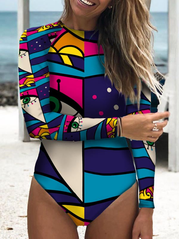 Abstract Print Long Sleeve Backless Wetsuit