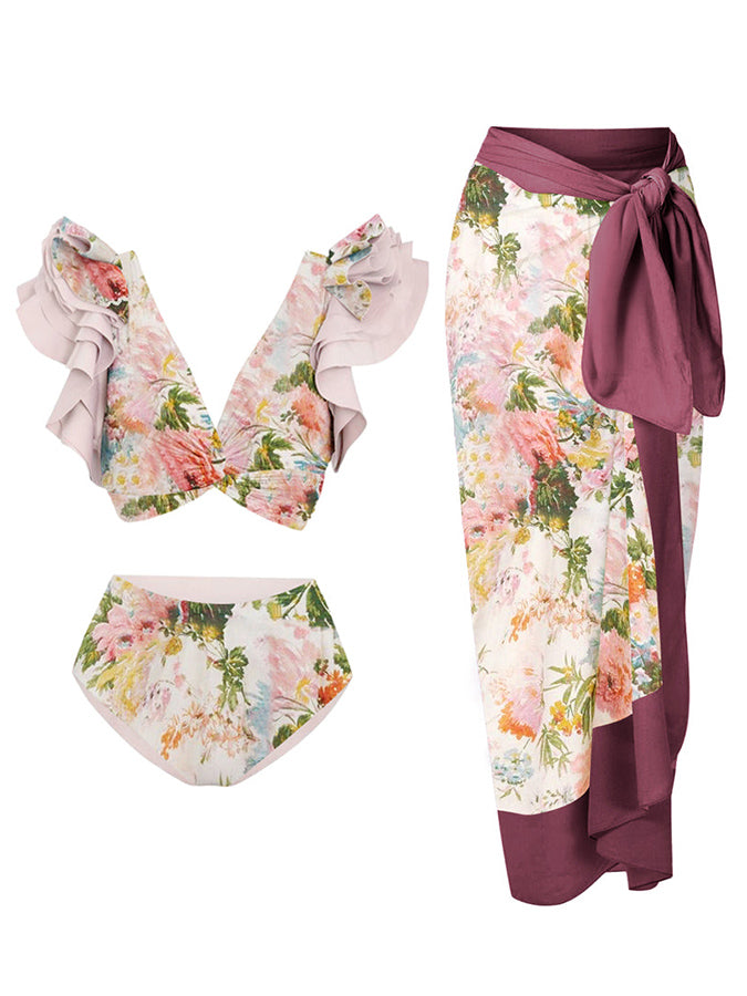 Deep V Ruffle Print Bikini and Cover Up