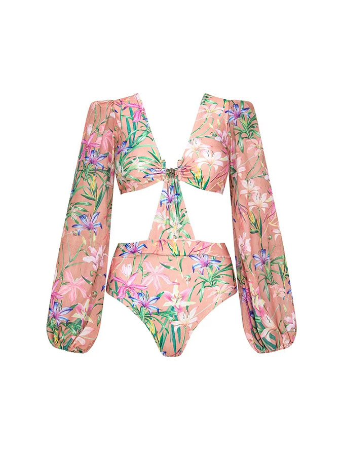 Floral Print One Piece Swimsuit and Mesh Splicing Sarong