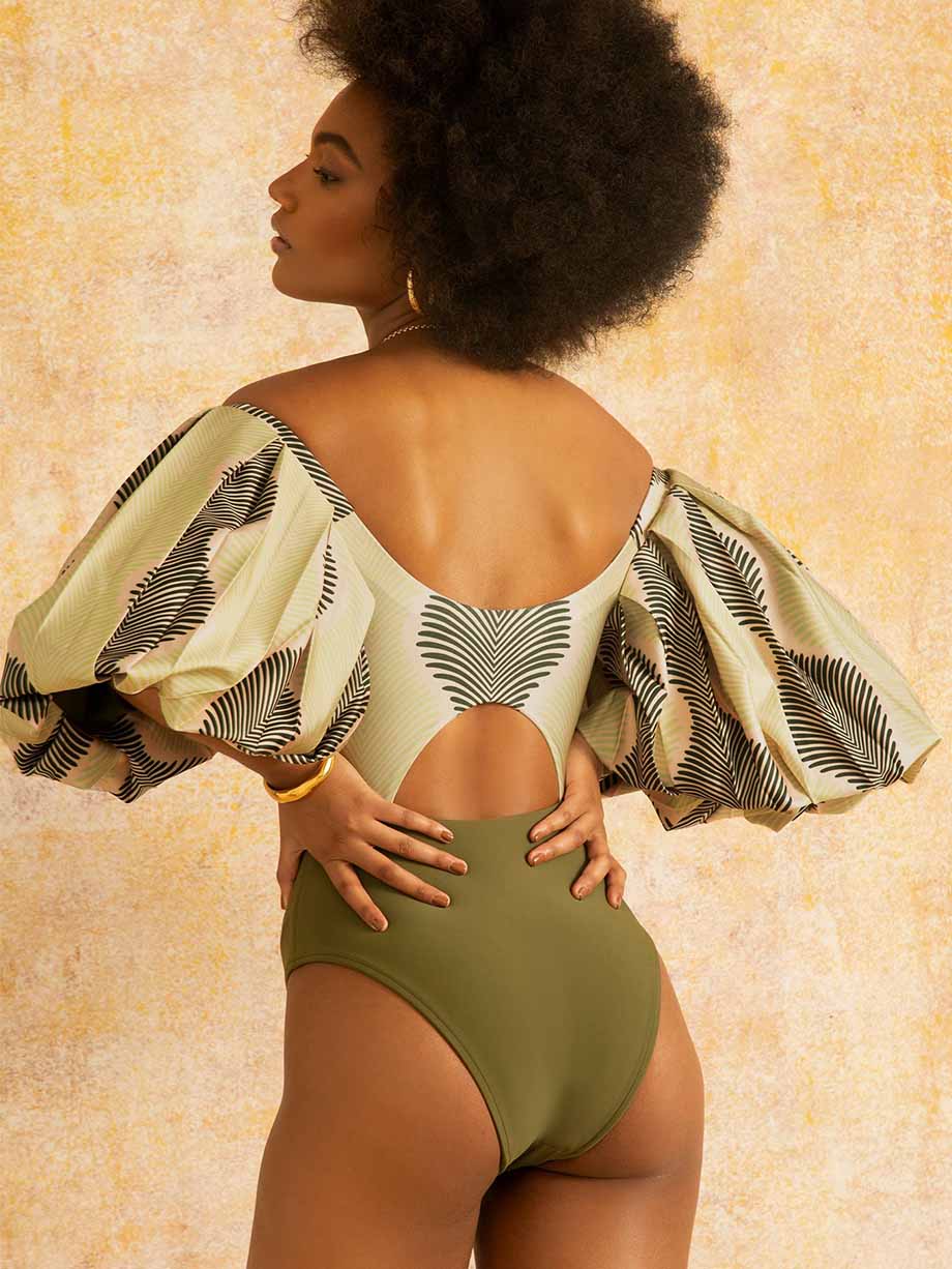 Vintage Colorblock Print One-Piece Swimsuit Set