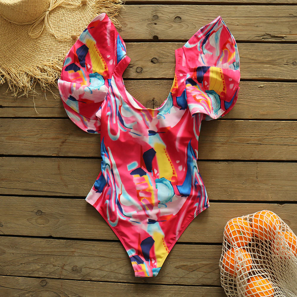 Ruffle Cutout Printed One Piece Swimsuit