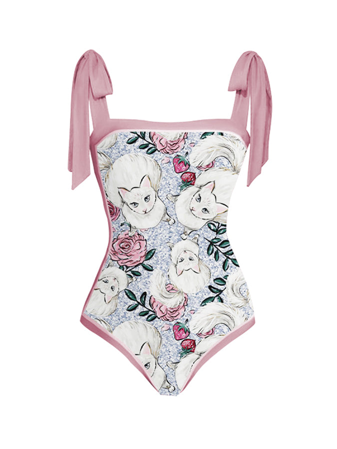 Cat Fashion Print Tie One Piece Swimsuit