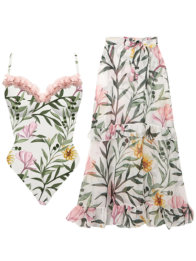 Ruffle One Shoulder Floral Printed Swimsuit and Skirt