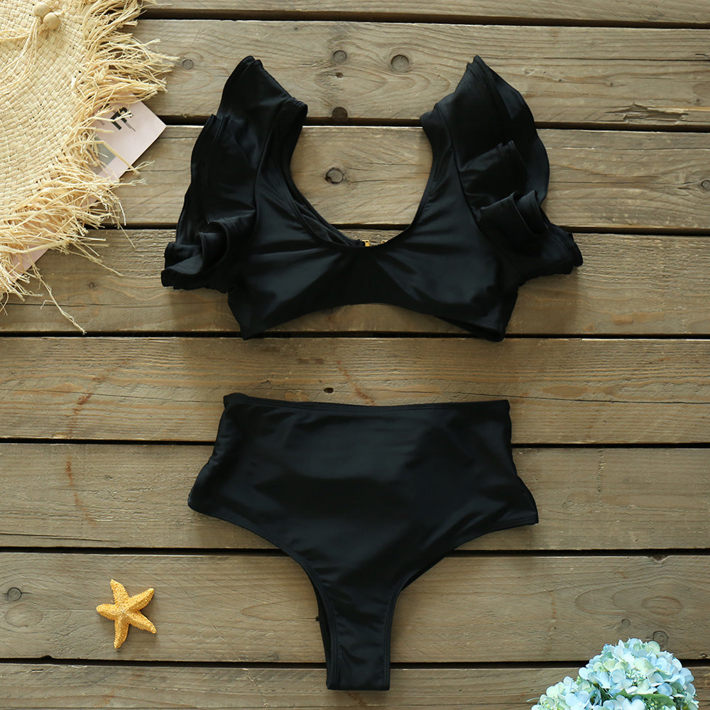 Ruffles Solid High Waist Bikini Set