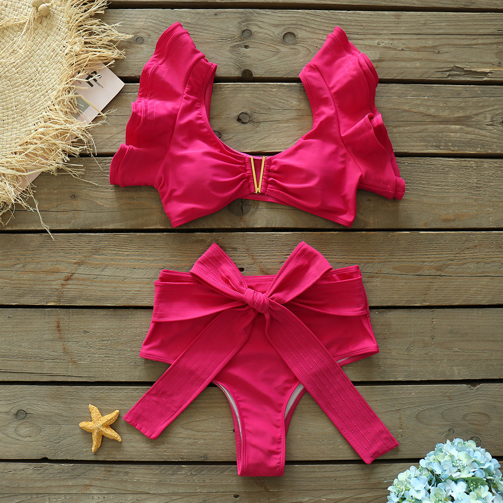 Ruffles Solid High Waist Bikini Set