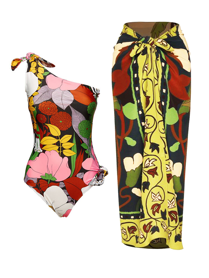 Floral Print One Piece Swimsuit and Cover Up
