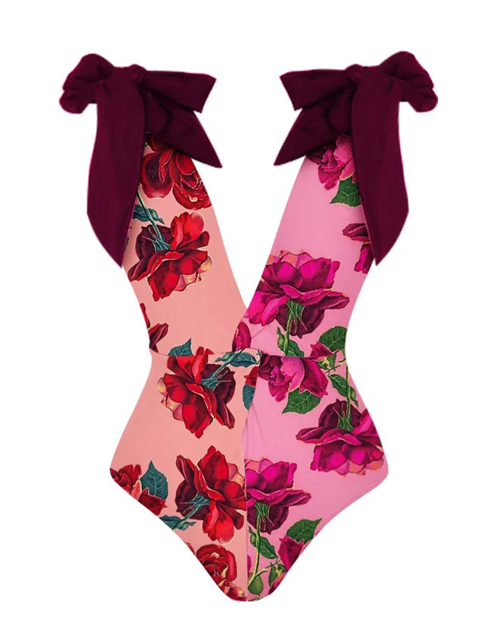Ruffled Floral Colorblock Print One-Piece Swimsuit and Cover-up