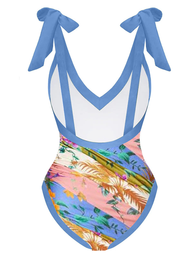 Deep V Vintage Print One Piece Swimsuit Set