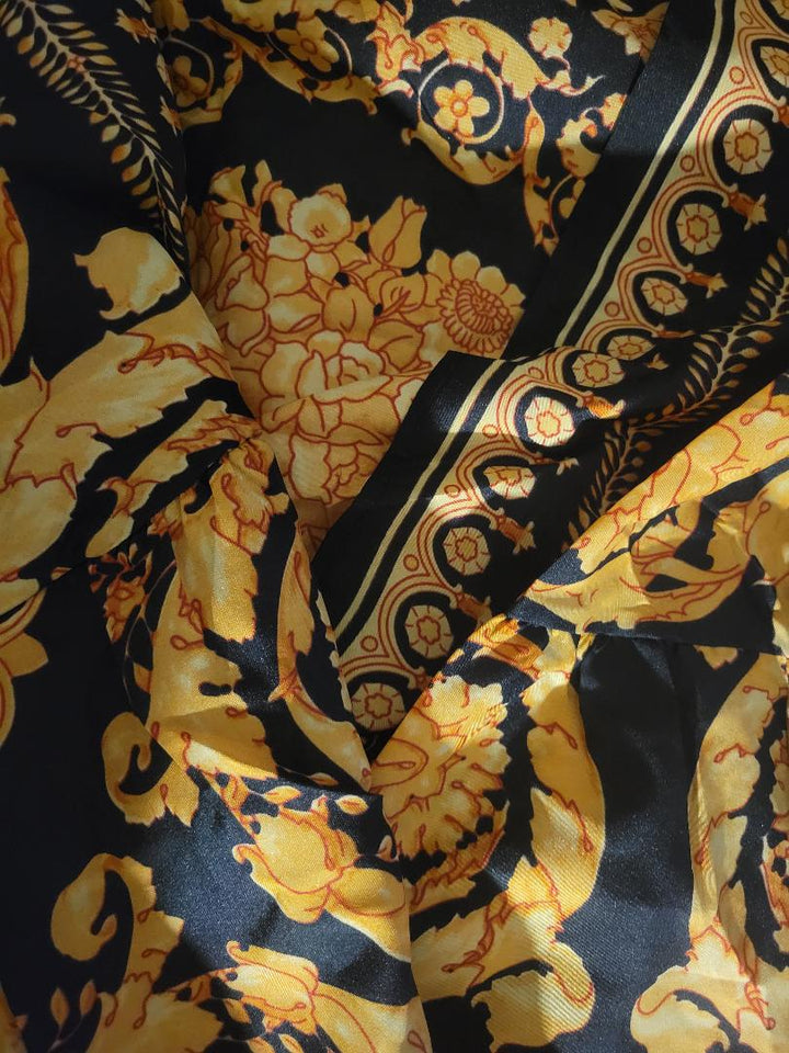 Women Retro Dresses Bohemian Floral Print Gold Color Deep V Neck Maxi Dress
