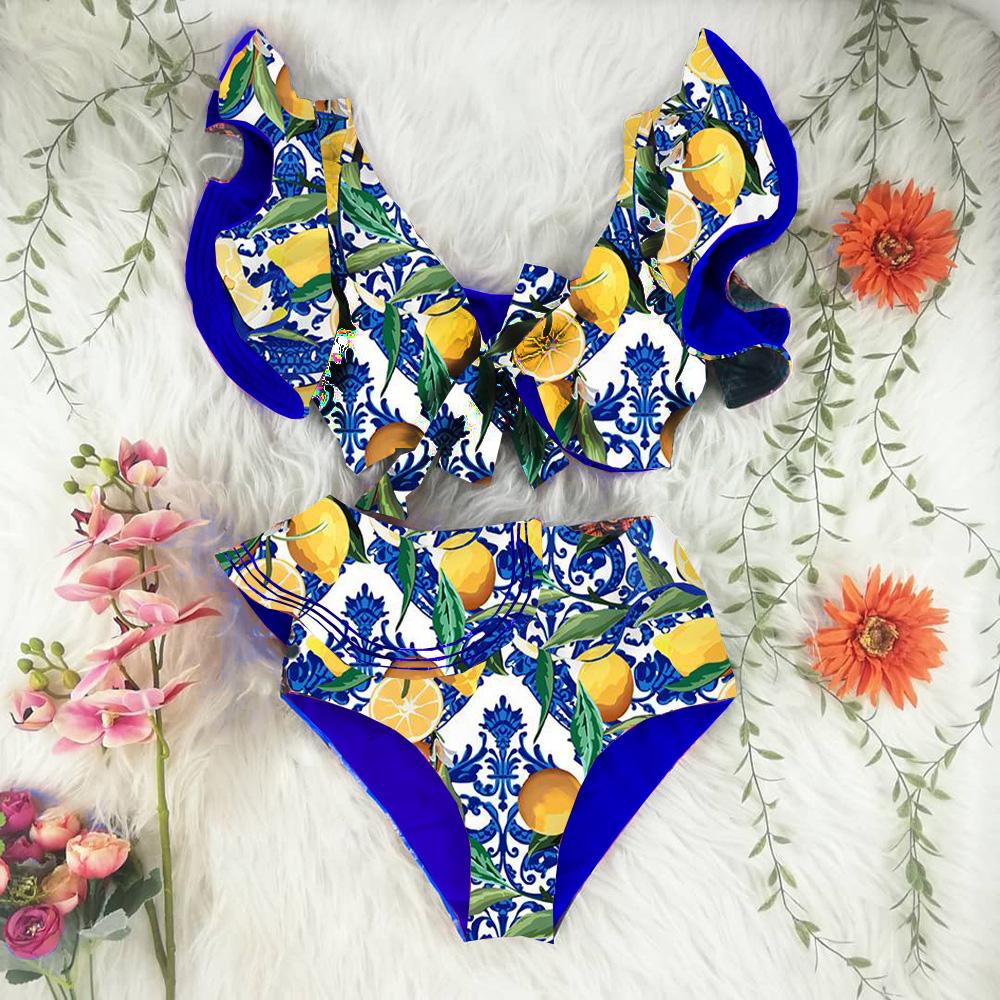 Delft Blue Ruffle Lemon Bikini Swimsuit