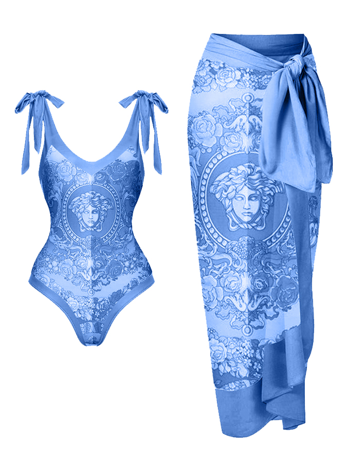 Panel Print Lace Up One Piece Swimsuit