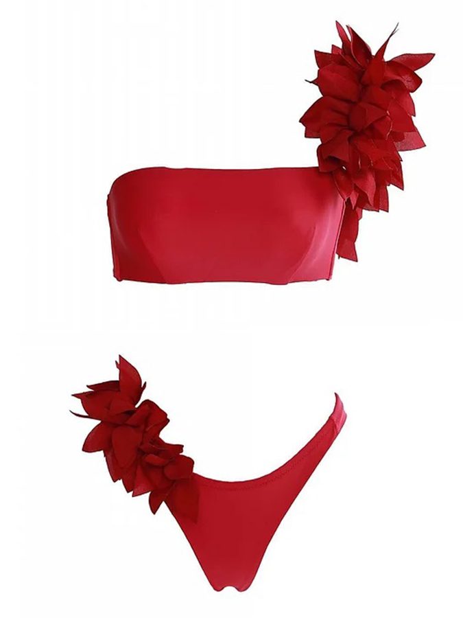 3D Flower One Shoulder Red Bikini and Cover-up