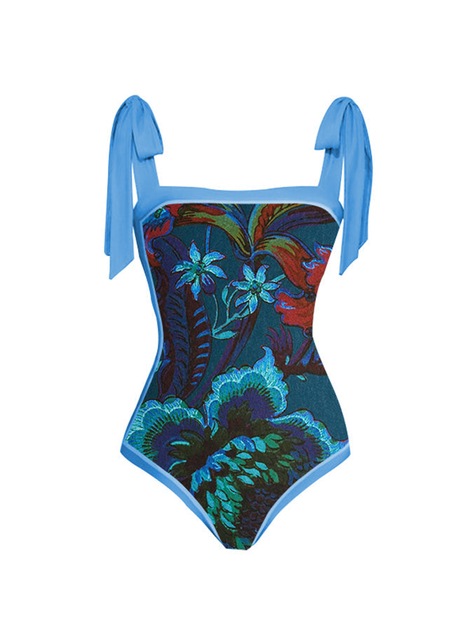 Print Lace-Up Panel One-Piece Swimsuit