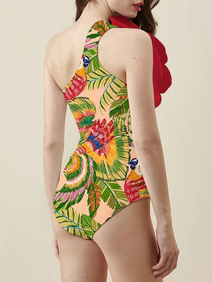 3D Flower Printed One Piece Swimsuit and Cover Up