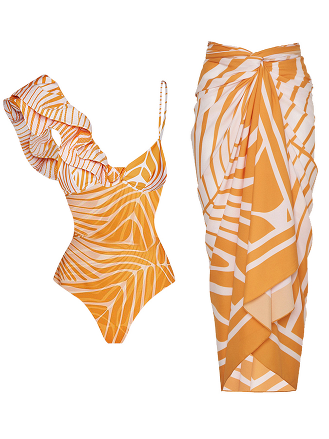 Stripe Print One Piece Swimsuits and Cover Up
