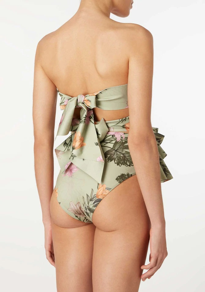 Ruffled Floral Print Split Swimsuit