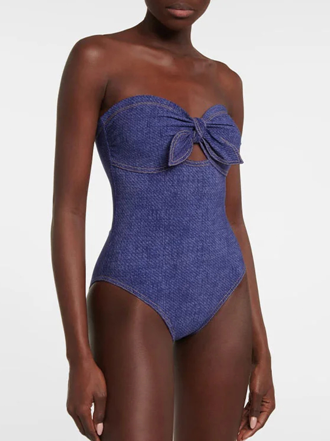 Denim Print One Piece Swimsuit and Skirt