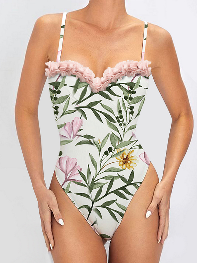 Ruffle One Shoulder Floral Printed Swimsuit and Skirt