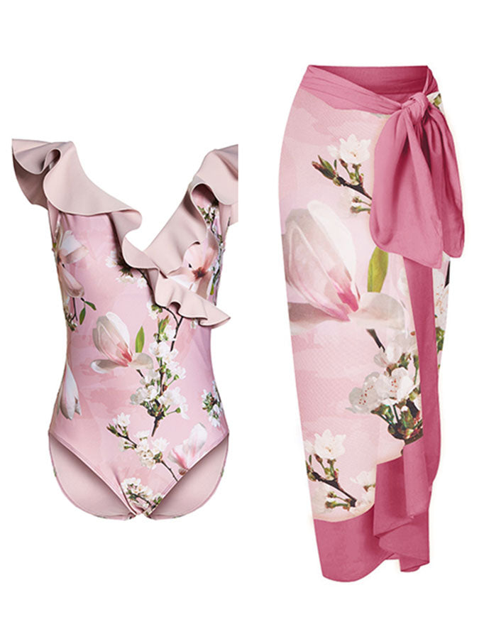 V-Neck Ruffled Floral Print One Piece Swimsuit and Cover Up