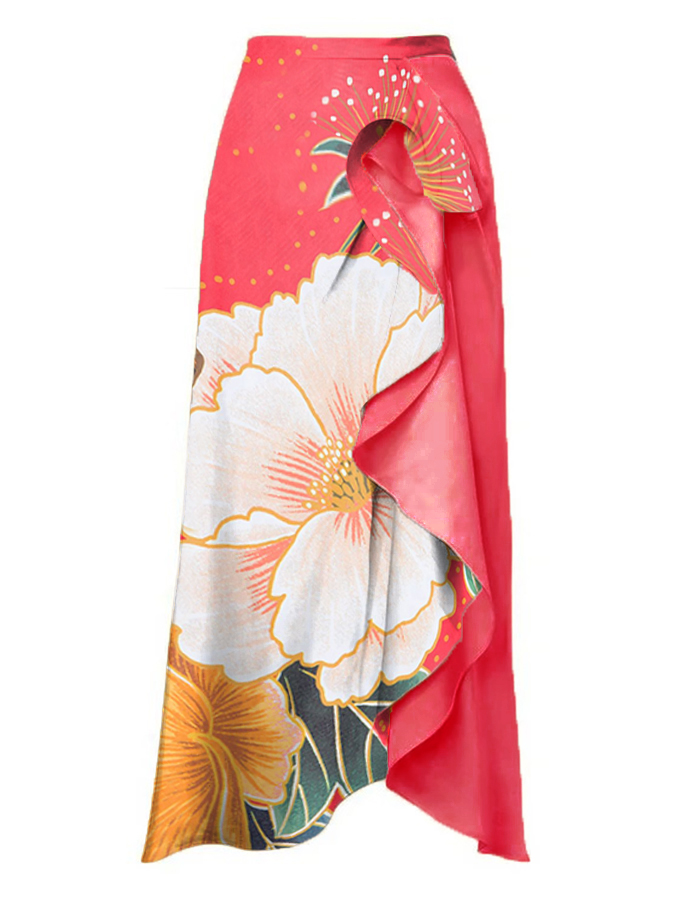 Floral Print One Piece Swimsuit and Skirt
