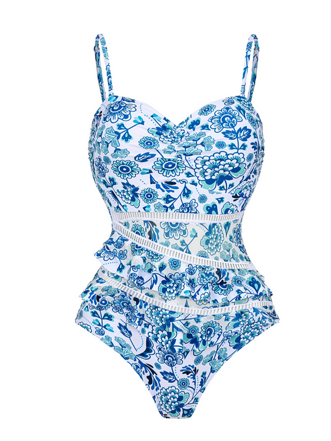 Blue Printed Panel Lace Swimsuit and Skirt