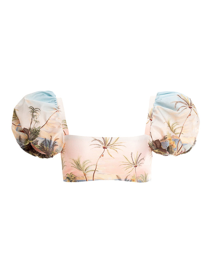 Vintage Gradient Print Puff Sleeve Bikini Set