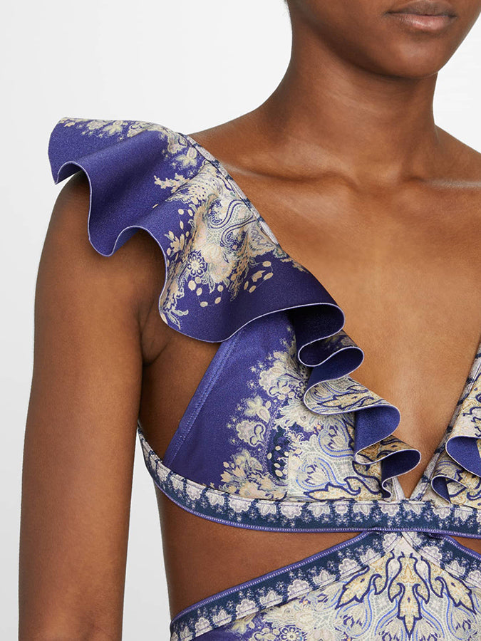 Deep V Ruffle Print One-Piece Swimsuit