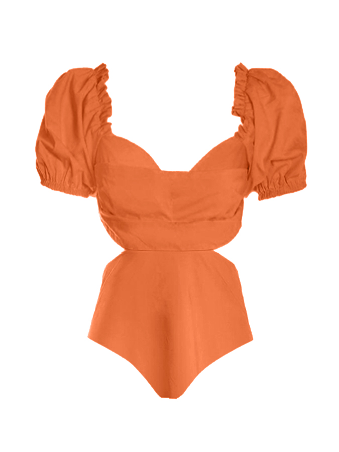 Beach Solid Puff Sleeve One-Piece Swimsuit and Skirt