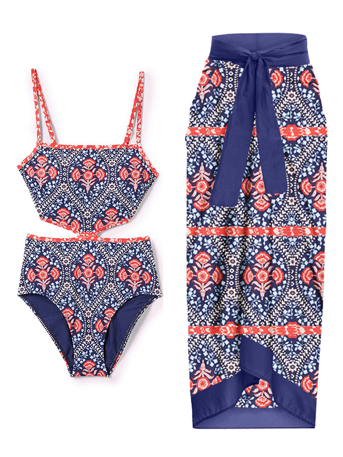 Vintage Colorblock Ethnic Print One Piece Swimsuit Set