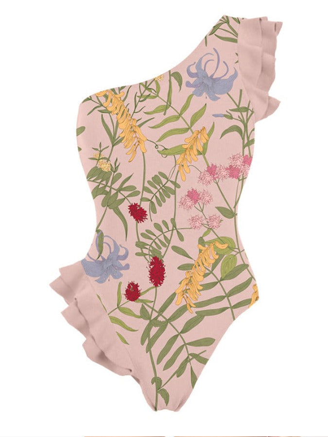 One-Shoulder Ruffled Printed Swimsuit Set