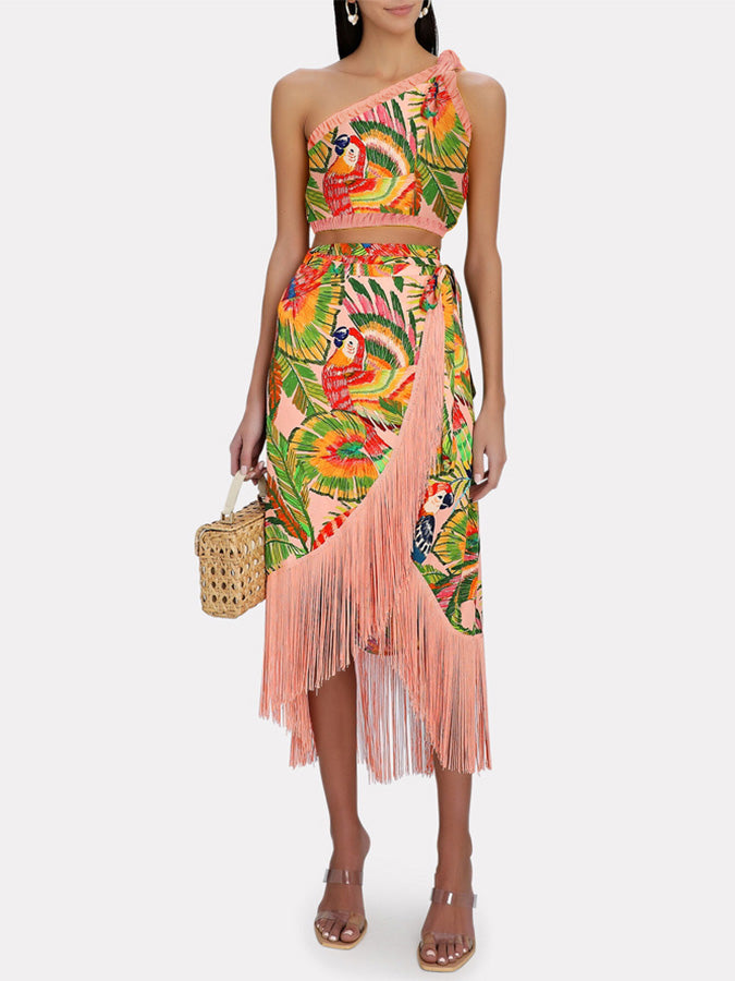 Vintage One-Shoulder Embroidered Print Bikini And Fringe Skirt