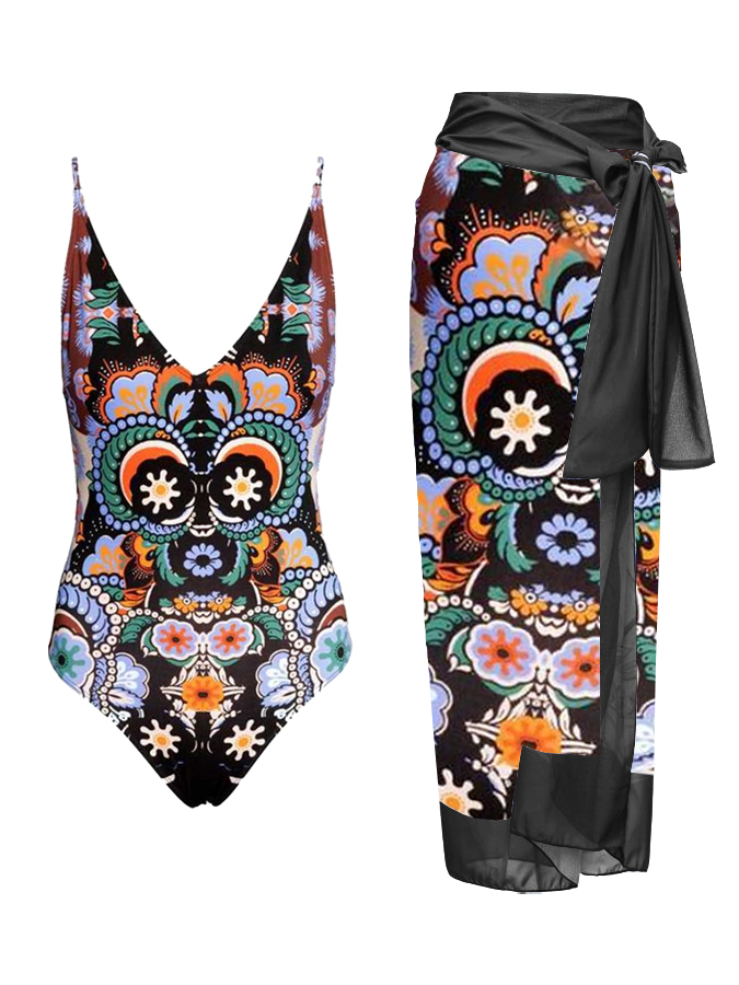 Vintage Ethnic Print One Piece Swimsuit And Cover Up