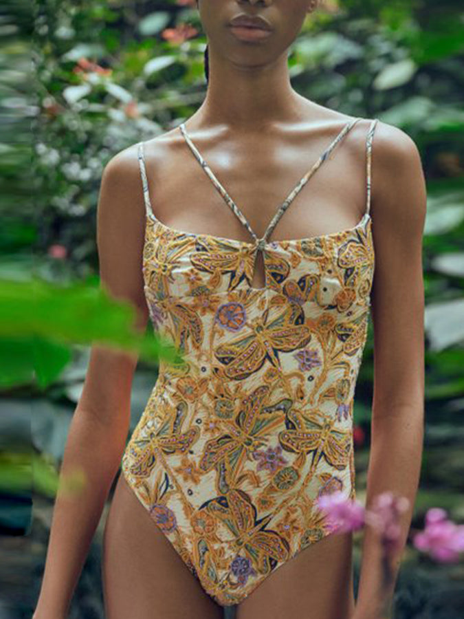 Printed Cutout Tie One Piece Swimsuits & Coverups