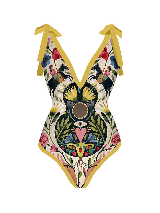 Printed One Piece Tie Swimsuit