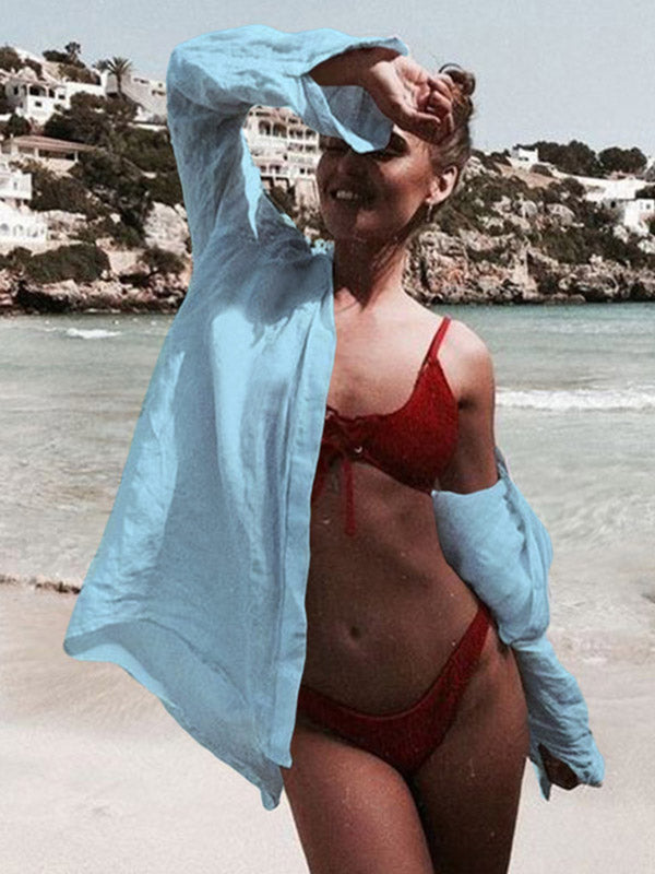 Simple Solid Color Button Long Sleeve Shirt-Style Cover-Up Swimwear
