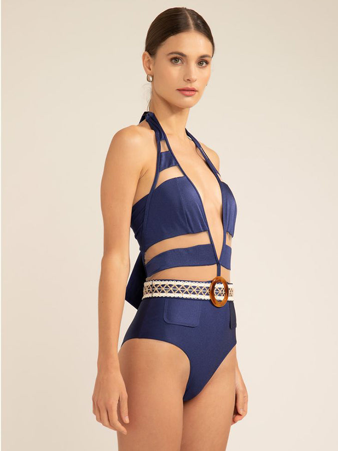 Halter Neck Tie Panel One Piece Swimsuit