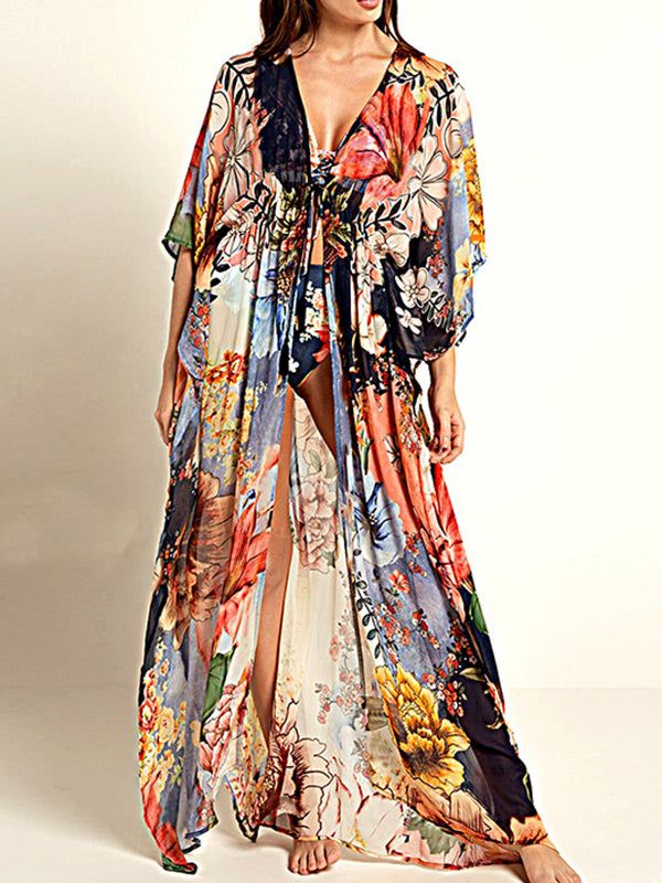 Floral Chiffon Half Sleeve Loose Long Cardigan Cover-Up Swimwear