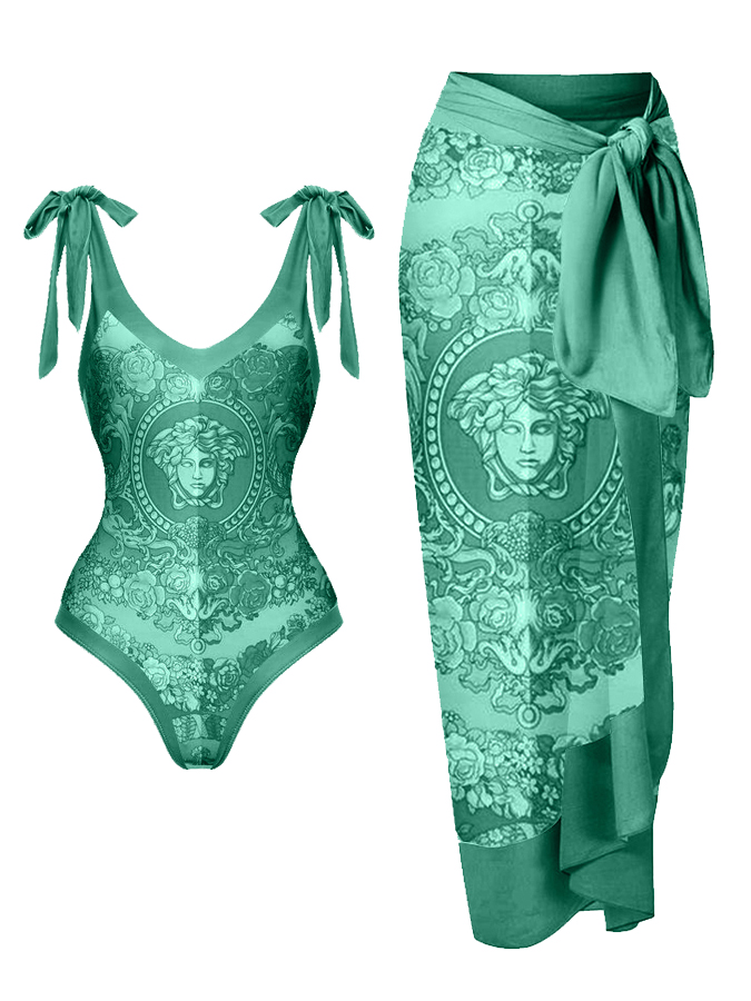 Panel Print Lace Up One Piece Swimsuit