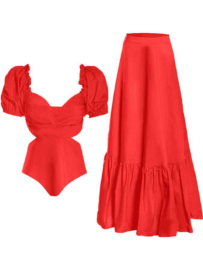 Beach Solid Puff Sleeve One-Piece Swimsuit and Skirt