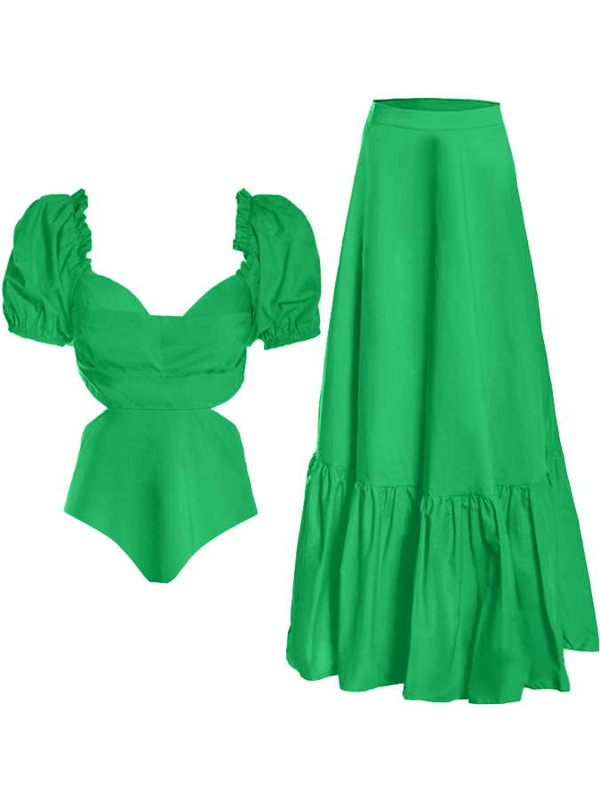 Beach Solid Puff Sleeve One-Piece Swimsuit and Skirt