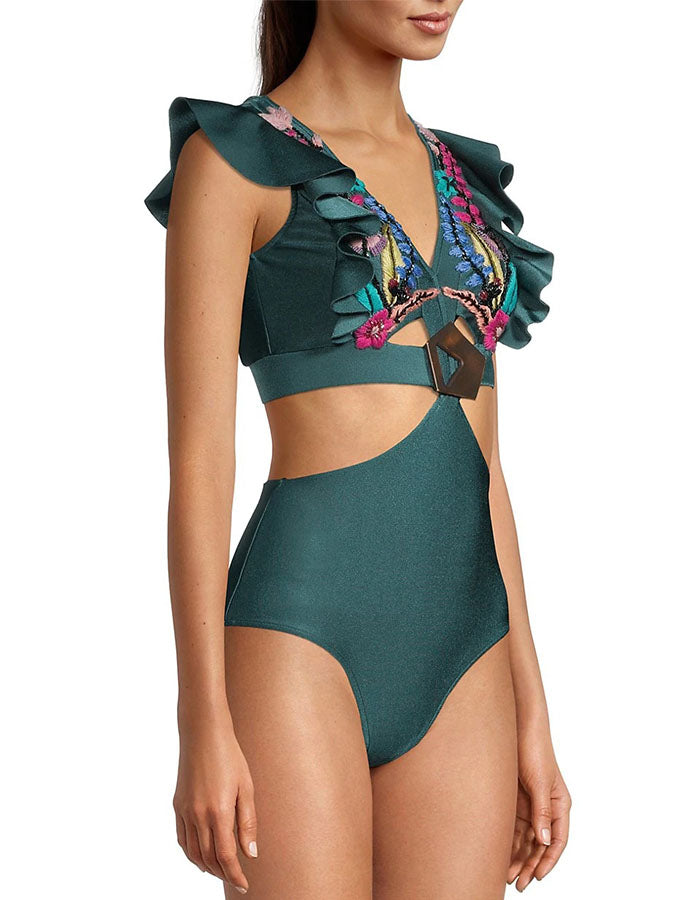 V Neck Ruffled Embroidered One-Piece Swimsuit