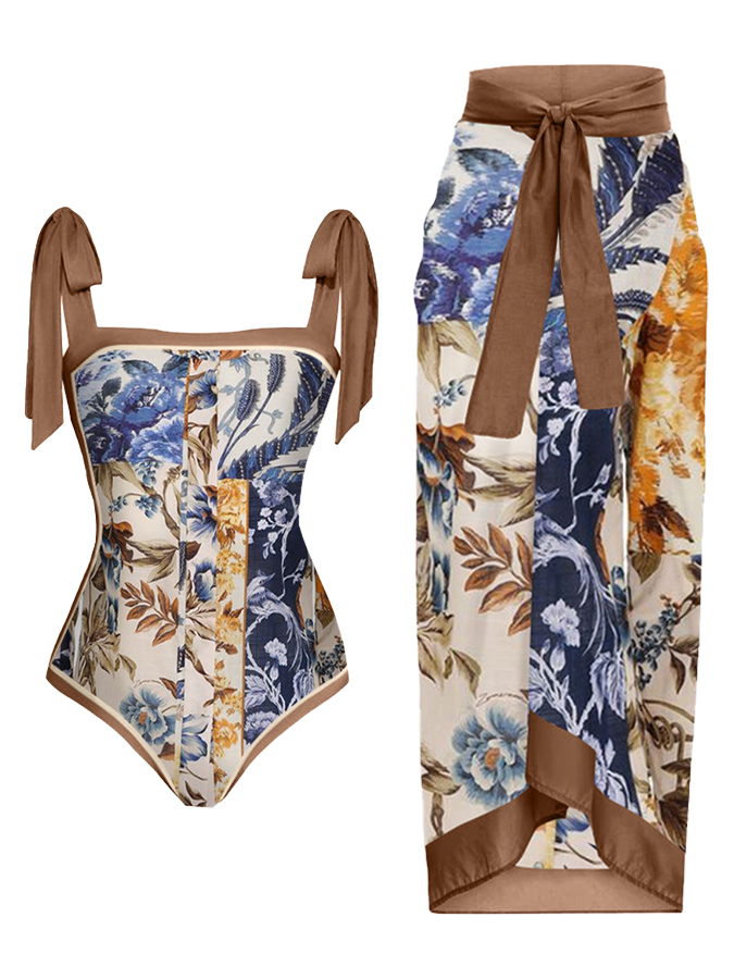 Vintage Colorblock Floral Print One-Piece Swimsuit and Cover-up