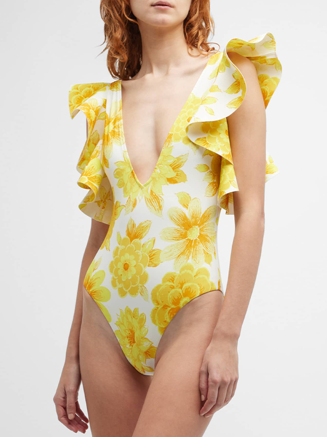 Deep V Ruffled Floral Print Swimsuit and Cover-up