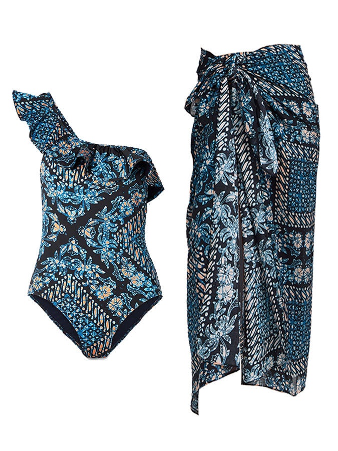 Fashion Vintage Print One Piece Swimsuit and Cover Up