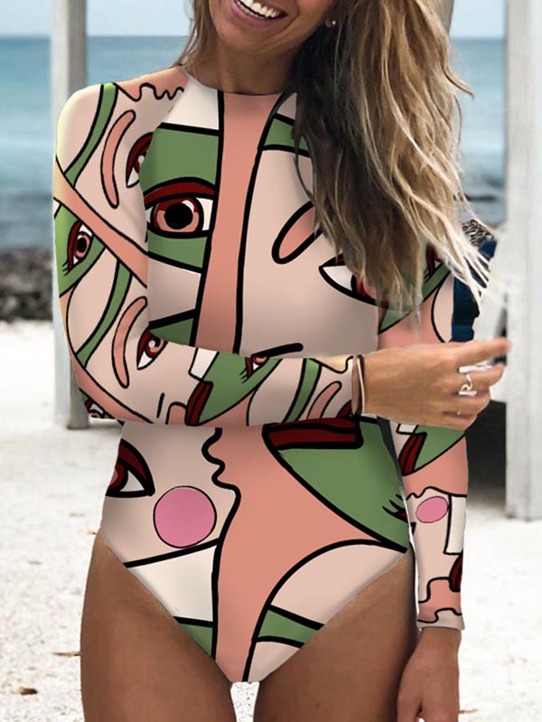 Abstract Print Long Sleeve Backless Wetsuit