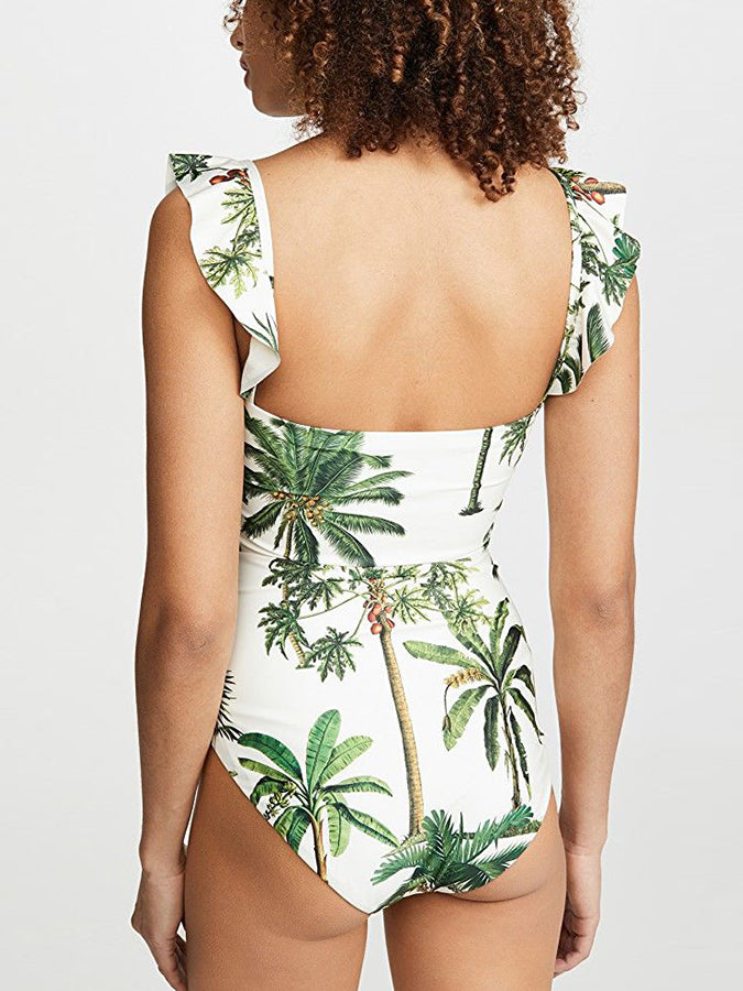 Vintage Print Ruffle Beach Swimsuit Set
