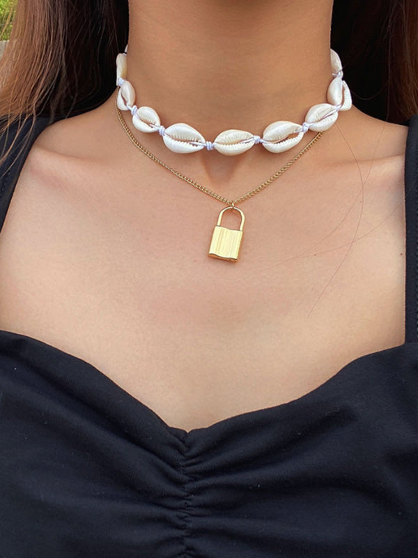 Fashion Mix And Match Shell Lock Double-Layer Necklace